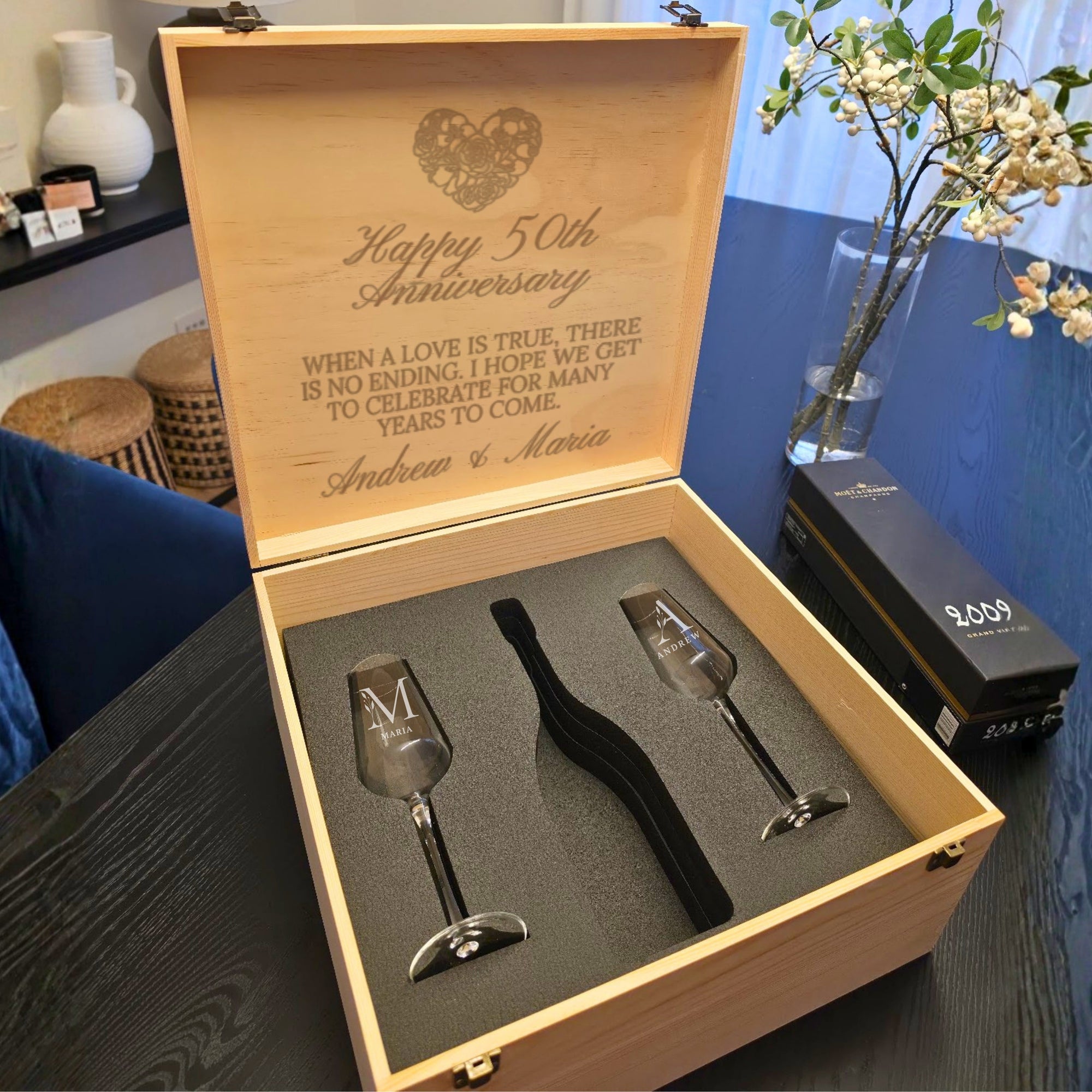 Custom engraved wedding champagne flutes and cake set gift box
