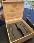 Custom engraved wedding champagne flutes and cake set gift box