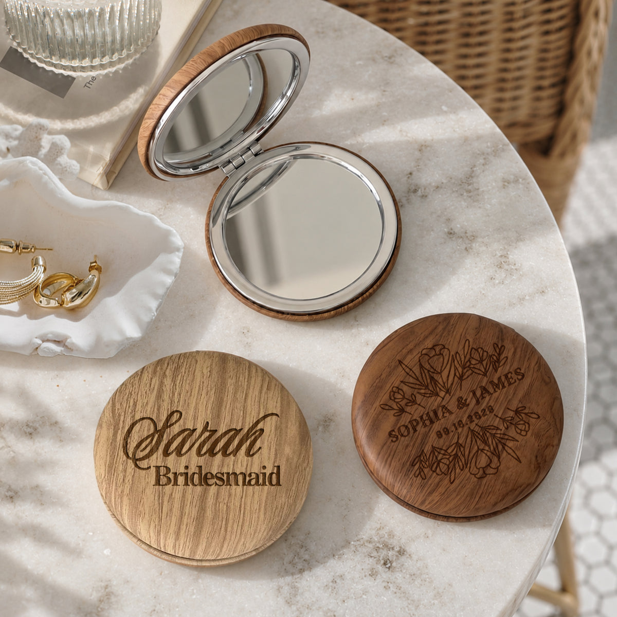 Custom wooden compact mirror in light and dark wood