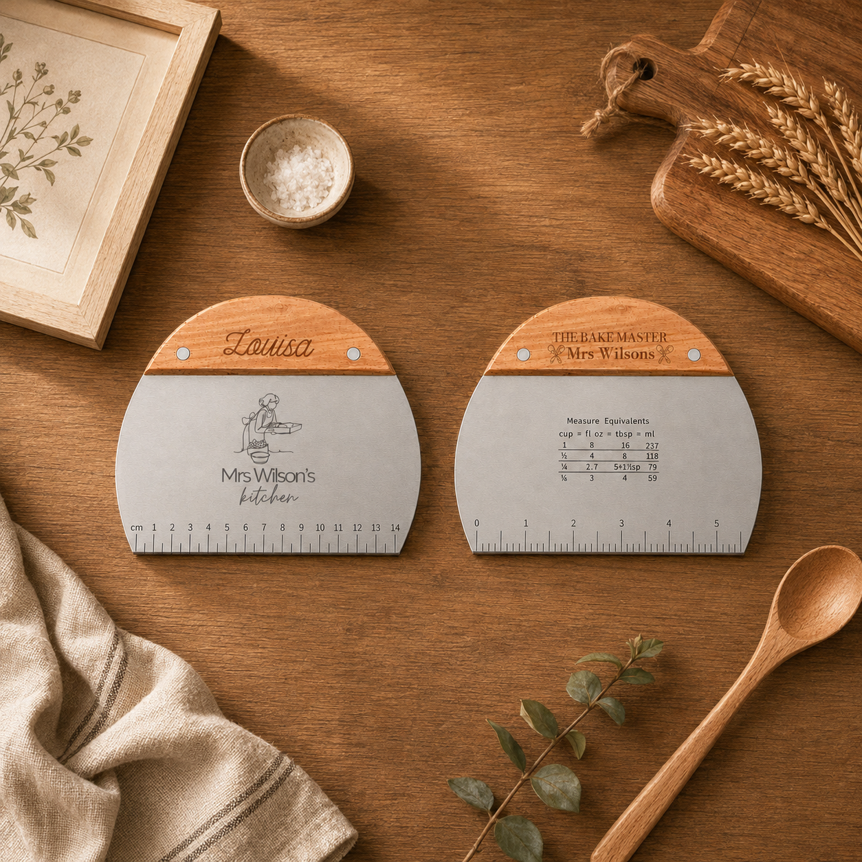 Dough scraper with dual-sided inch and cm measurement
