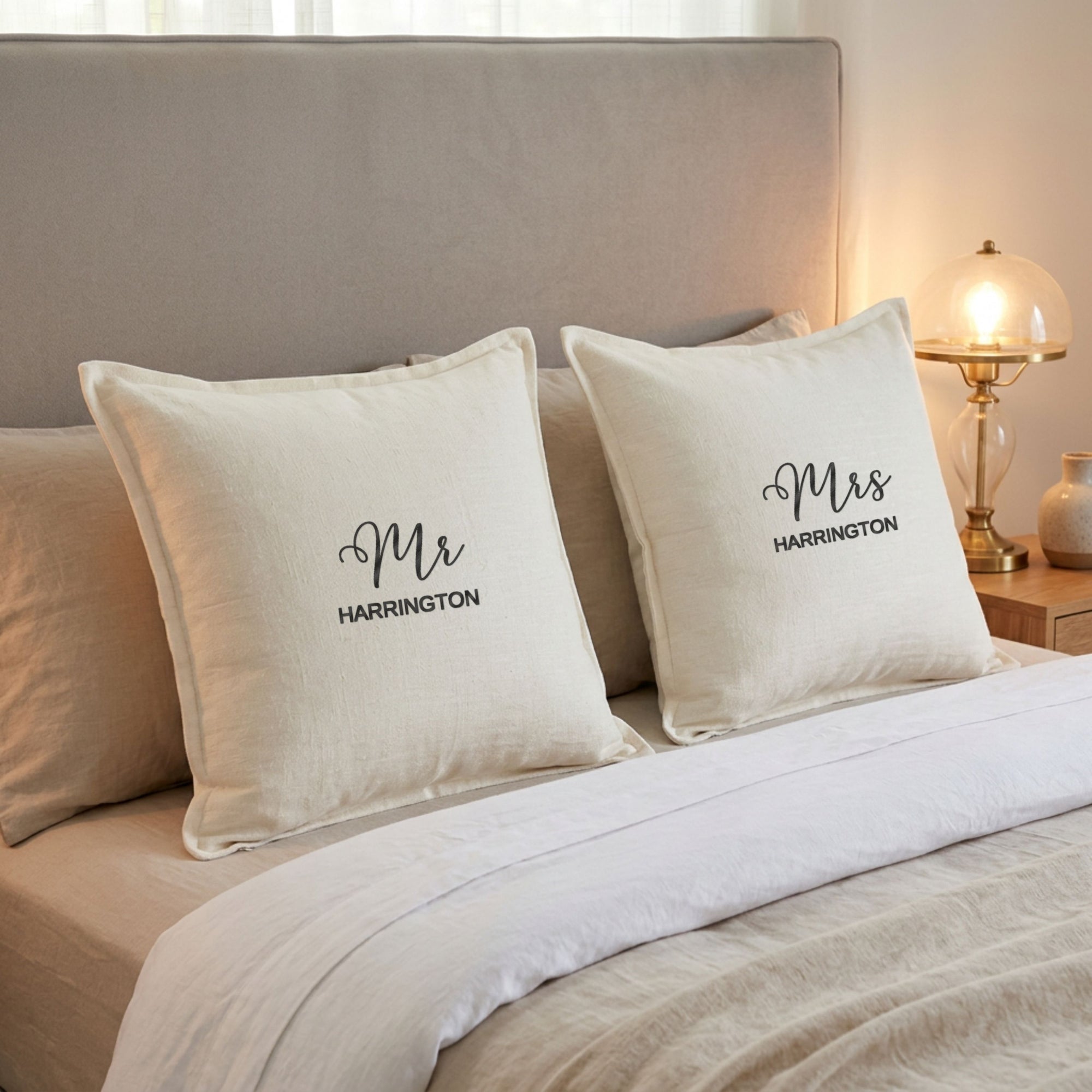 Close-up of embroidered name on personalised cushion cover