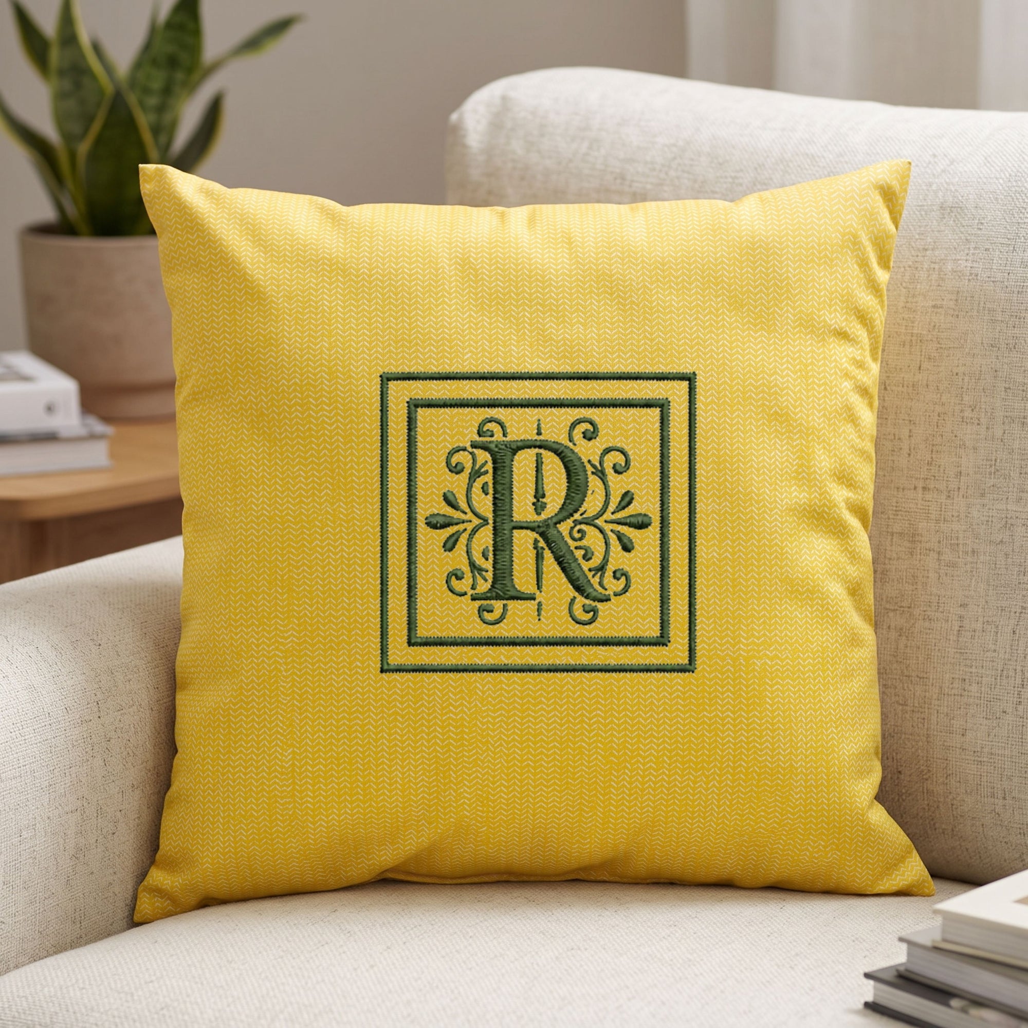 Close-up of embroidered name on personalised patterned cushion cover