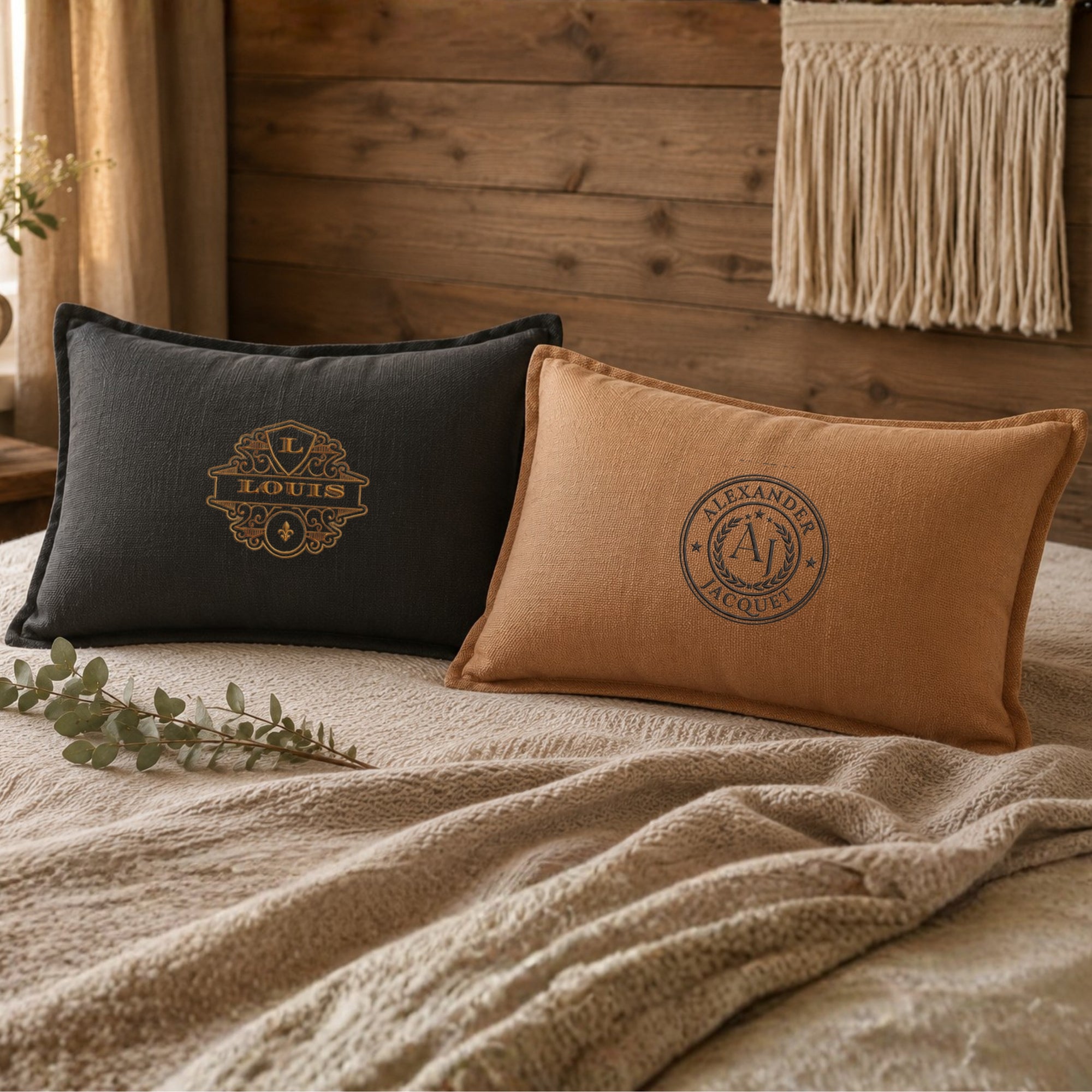 Close-up of embroidered name on personalised textured lumbar cushion cover pillowcase