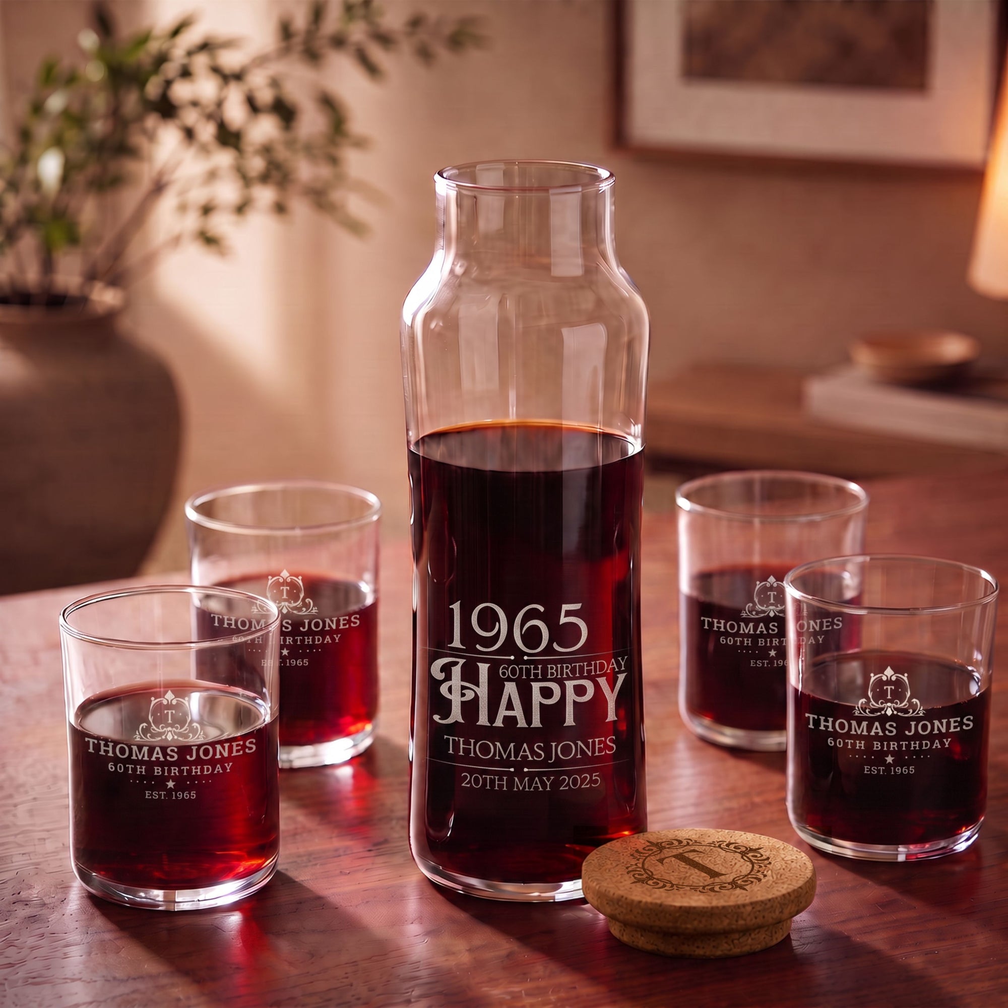 Engraved 1L glass carafe with cork lid and matching tumblers