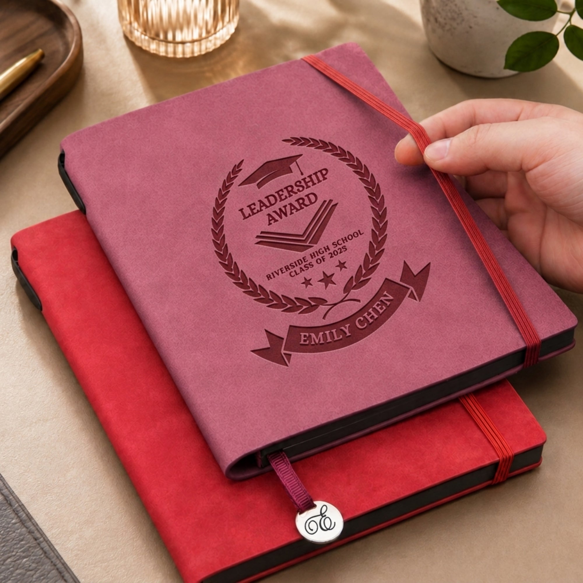 Engraved red A5 journal notebook with bookmark charm