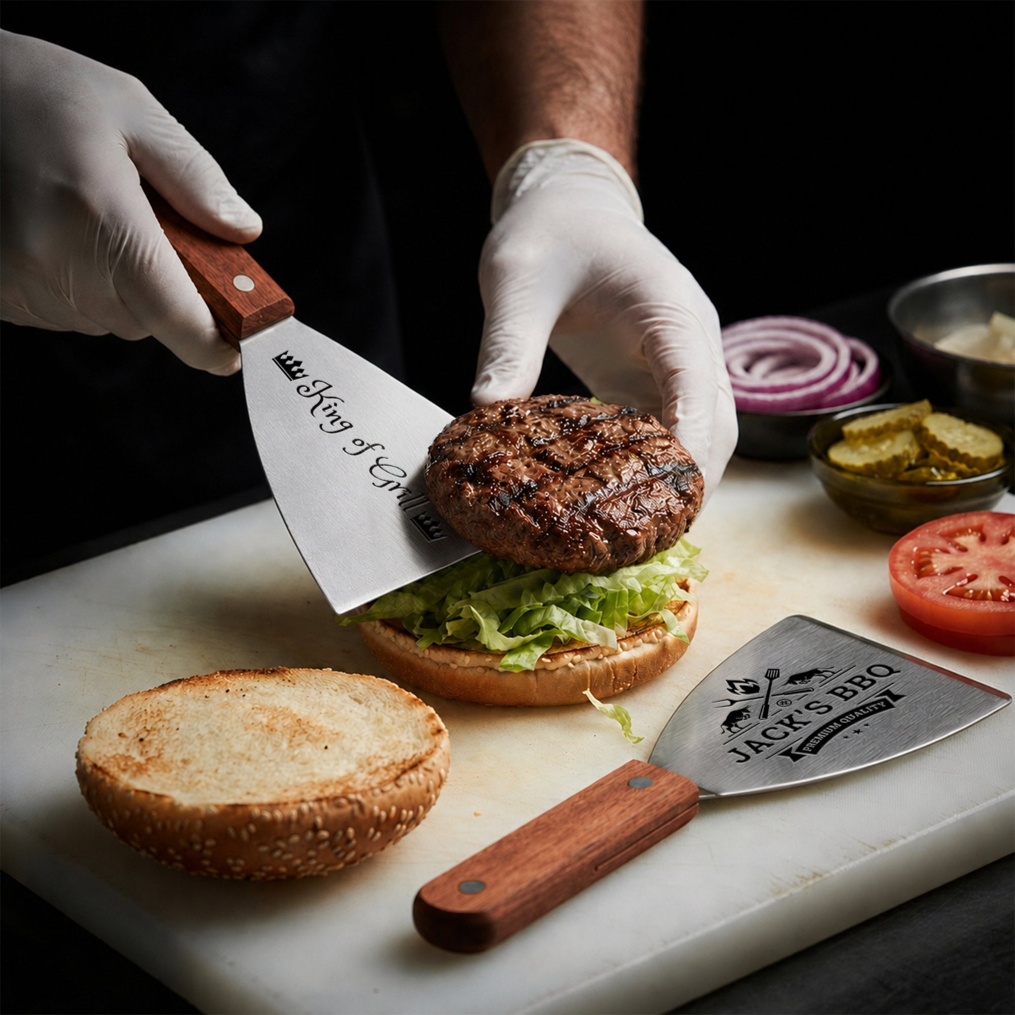 Engraved stainless steel BBQ grill spatula turner lifting burger