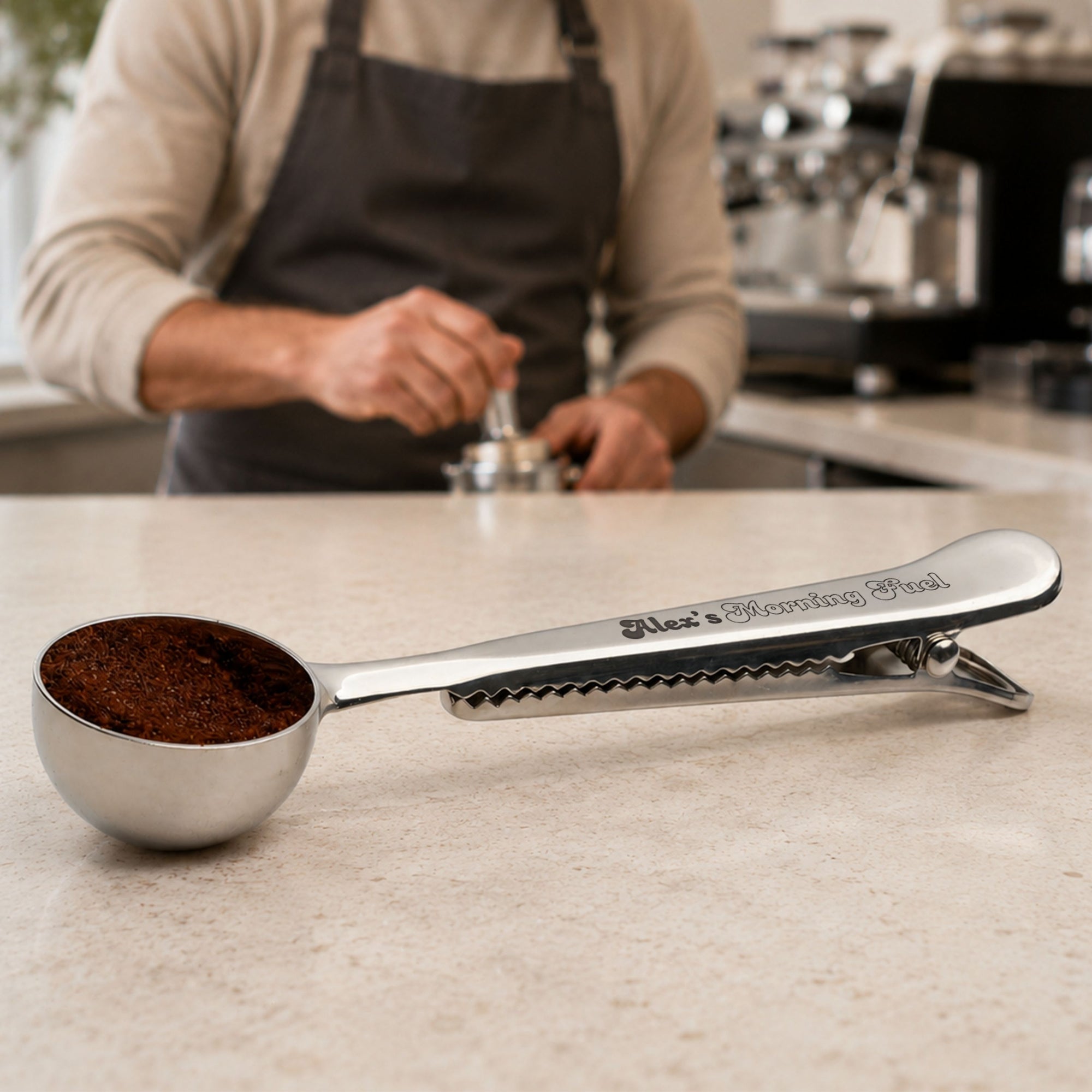 Engraved coffee measuring spoon with bag clip