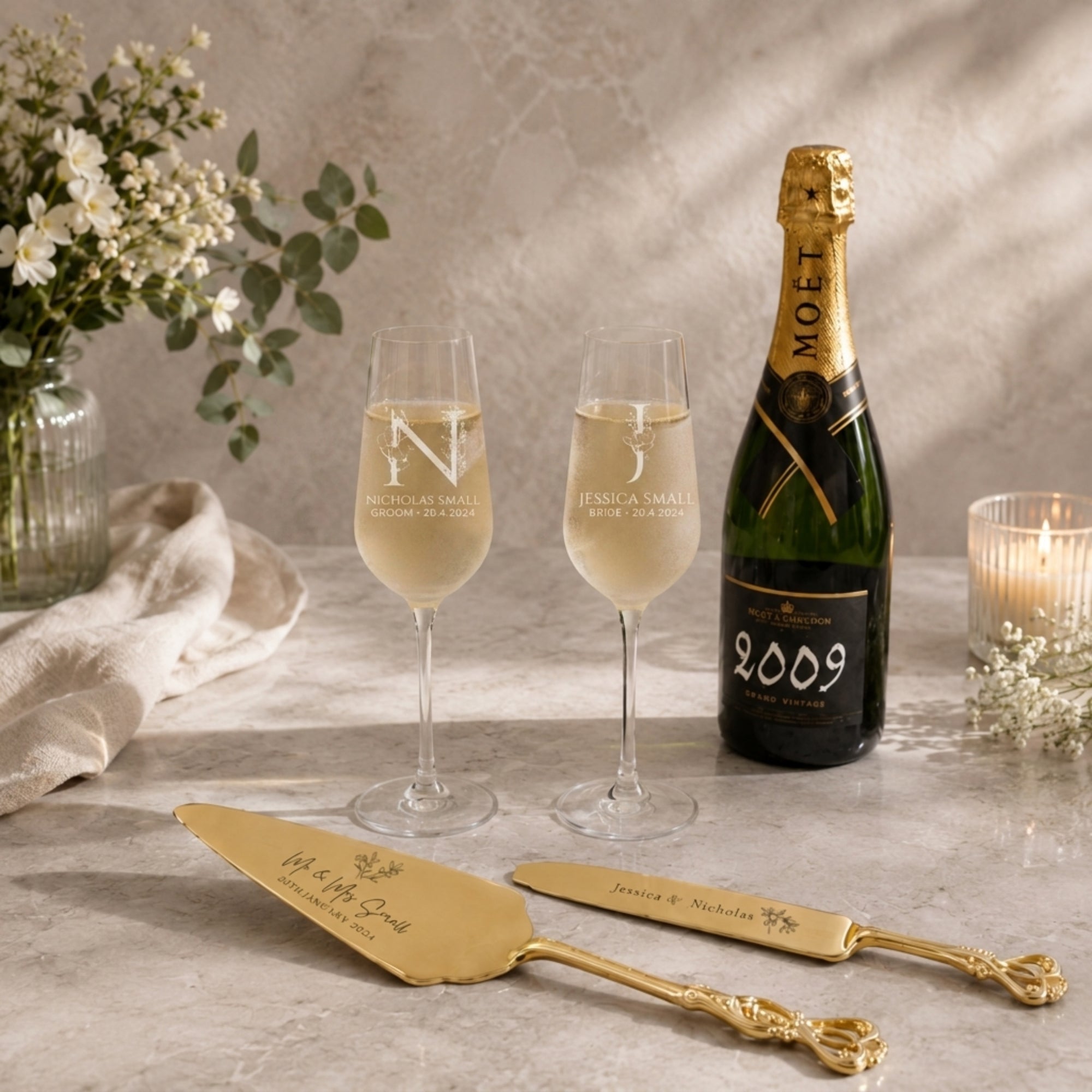 Engraved crystal champagne flute with monogram