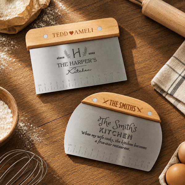 Custom Engraved Stainless Steel Dough Scraper with Measuring Scale & Wooden Handle