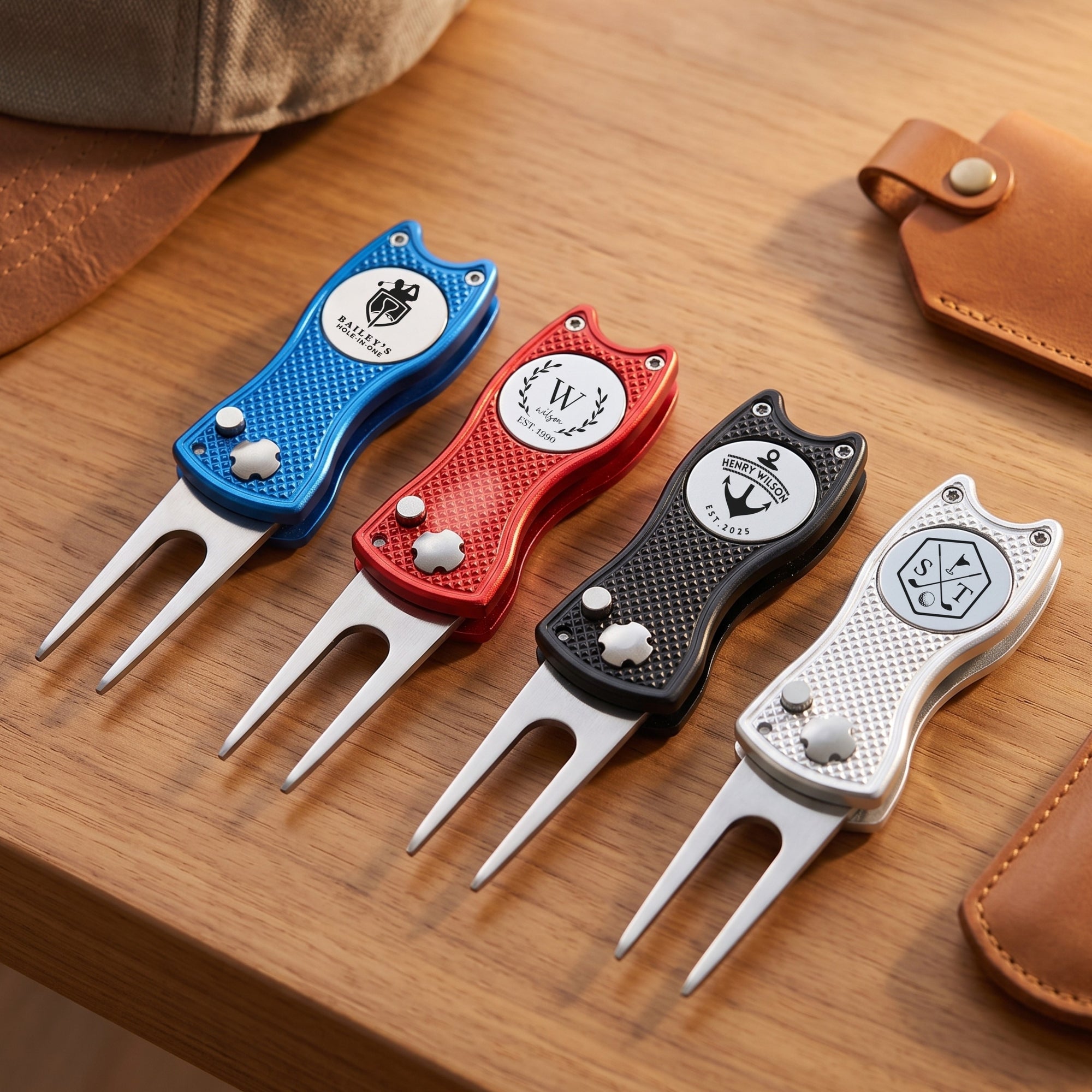 Close-up of engraved name on golf divot tool and magnetic ball marker