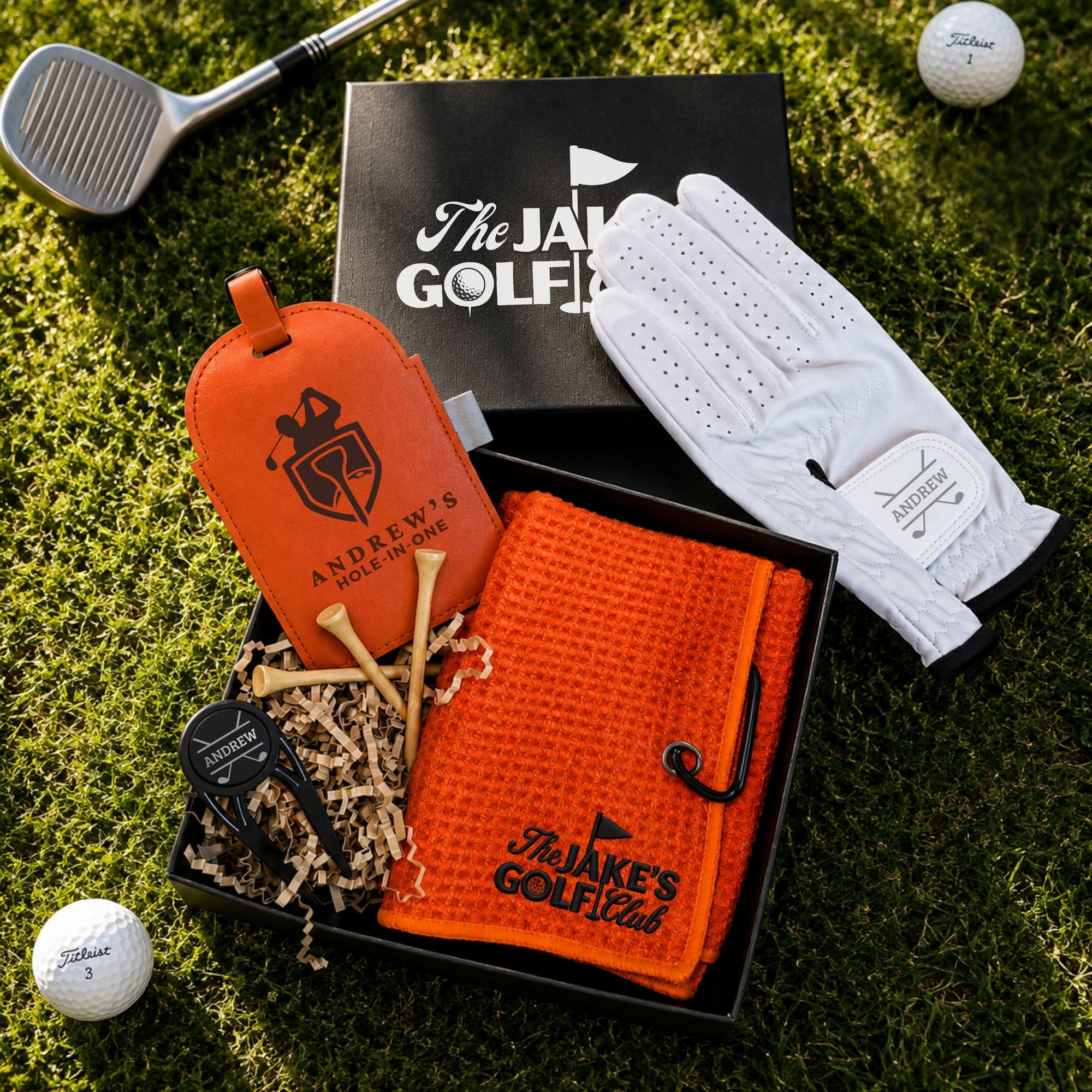 Engraved leatherette golf tee holder tag with wooden tees
