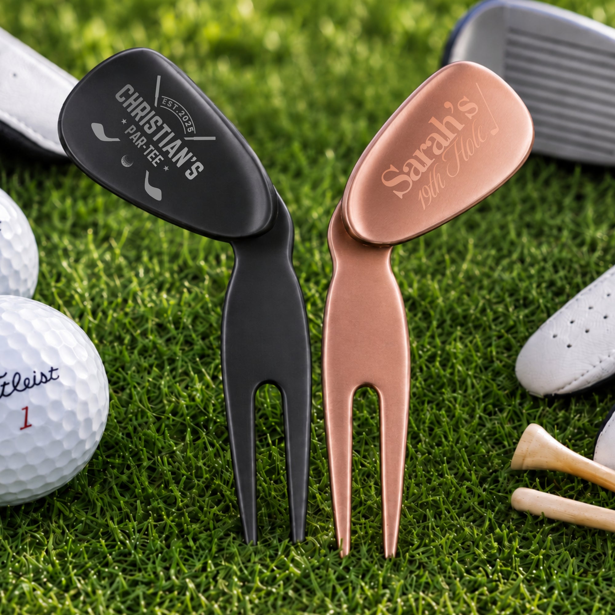 Close-up of engraved name on personalised golf wedge divot repair tool