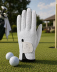 Close-up of personalised name on white leather golf glove