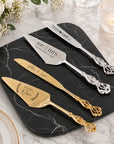 Engraved wedding cake knife and server set silver gold