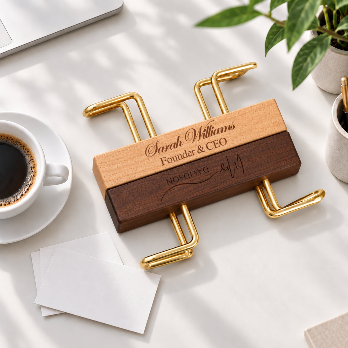 Wooden business card holder engraved front and back with name and logo