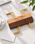 Wooden business card holder engraved front and back with name and logo