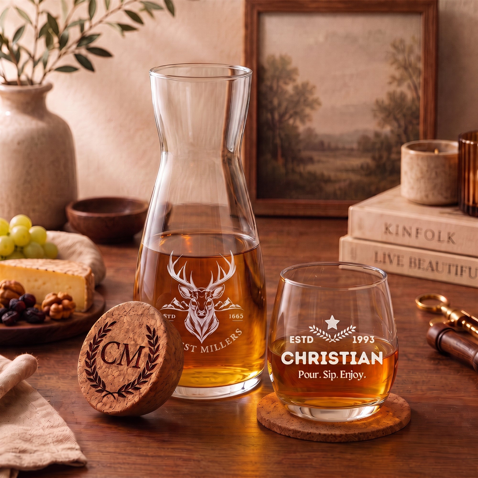 Laser engraved carafe drinkware gift set