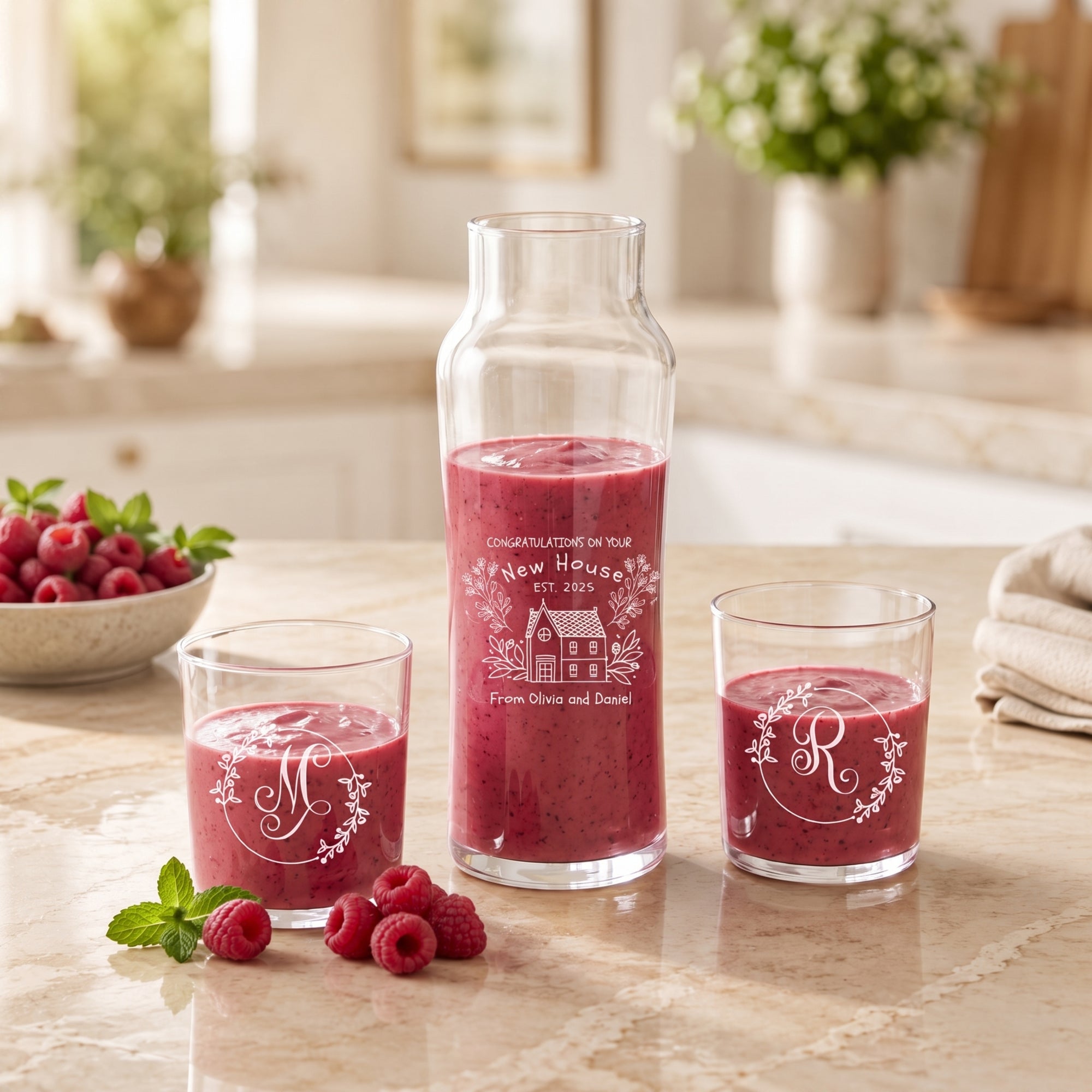 Laser engraved carafe glassware gift set