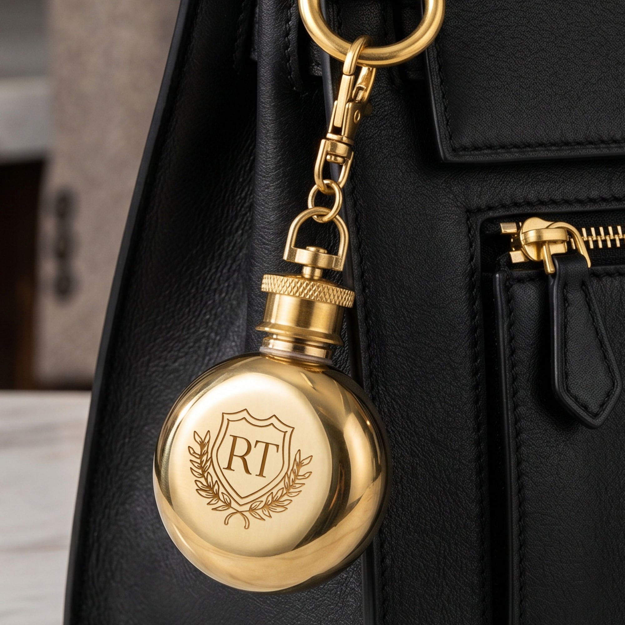 Mini round hip flask keyring colour options silver gold rose gold