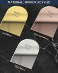 A selection of personalized name and message mirror acrylic/wooden gift card holders in various colors, with the Yoonek brand logo at the top.