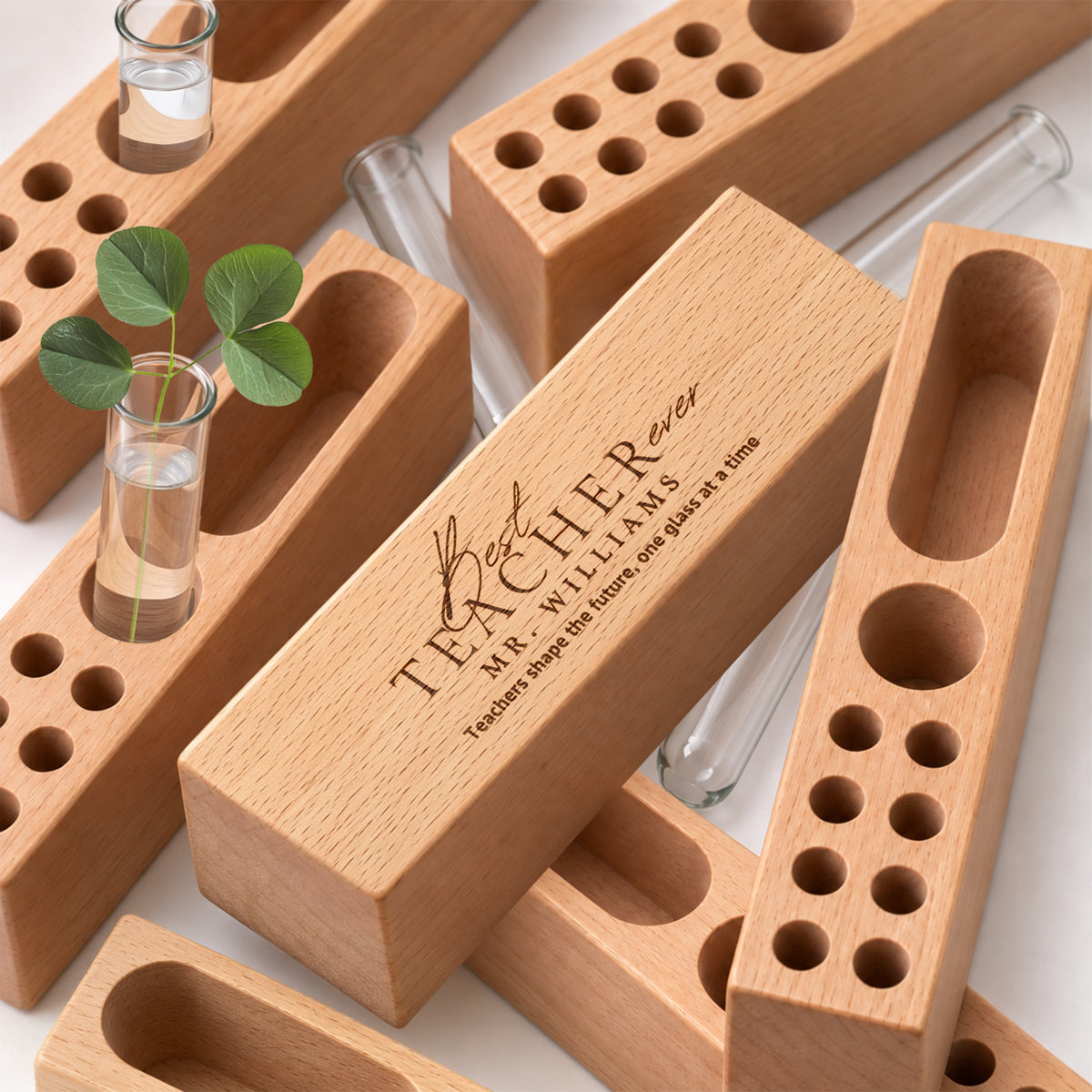 Multifunctional wooden desk tidy with vase, pen and card slots