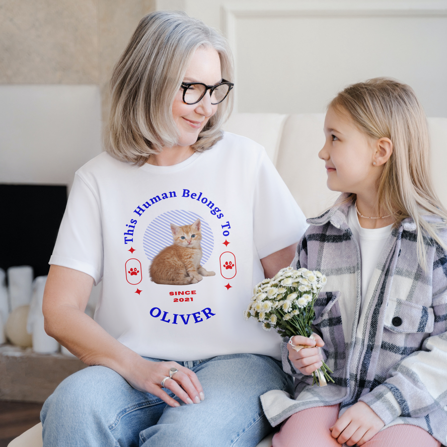 Customise Your Pet Photo Unisex T-shirt, Personalised Name This Human belongs To Dog Lover Shirt, Cat Image Custom T Shirt, Personalised Tee Shirts Birthday Gift