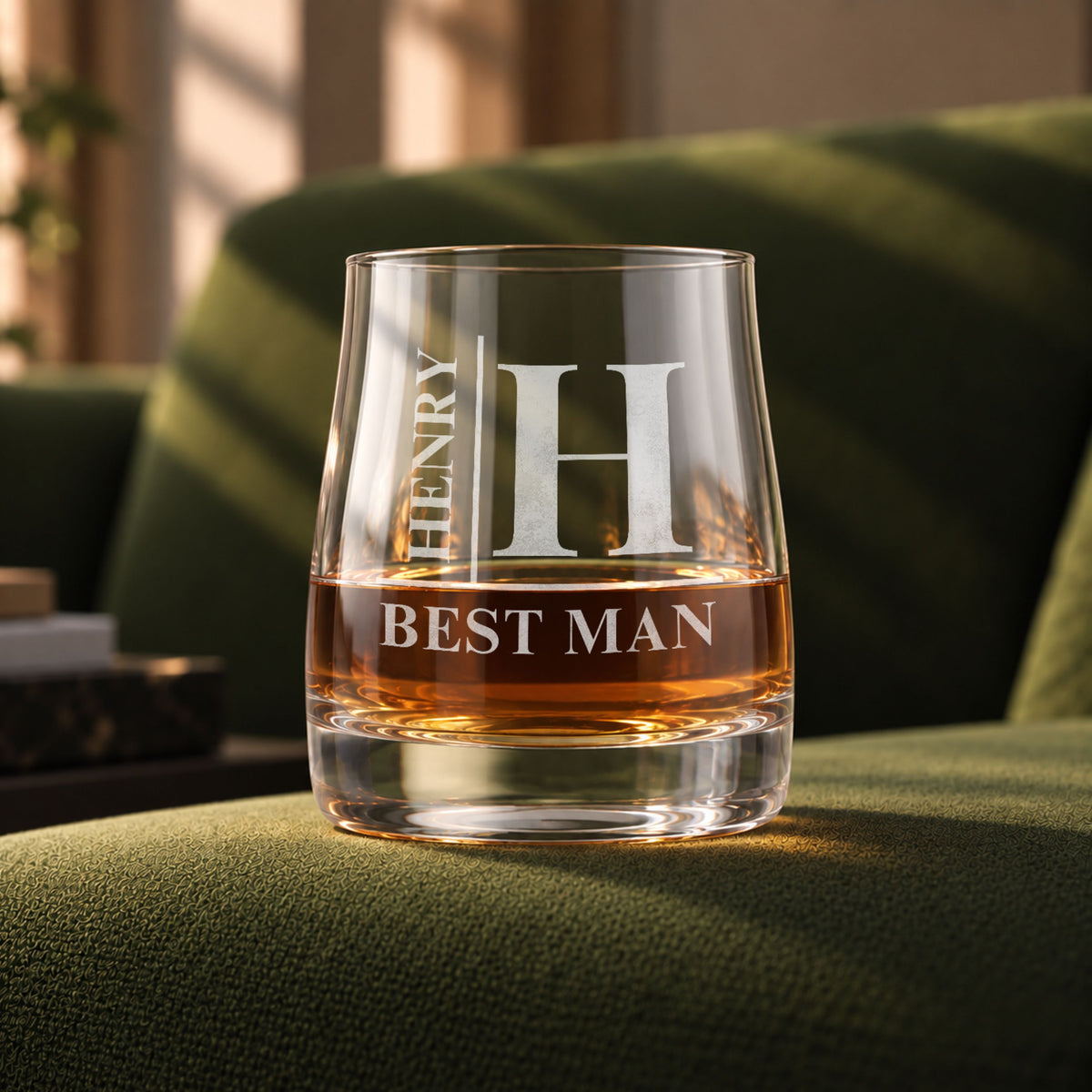 Personalised 280ml rocks whisky glass engraved for a best man