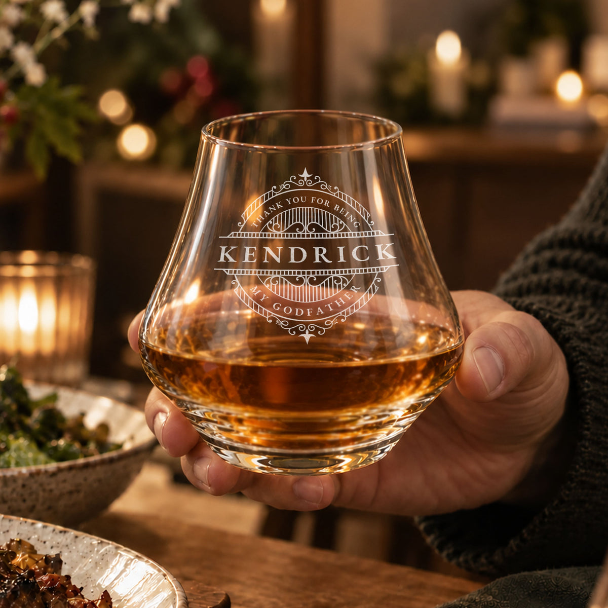 Personalised 290ml Old Fashioned whisky glass engraved with a name, held with whisky