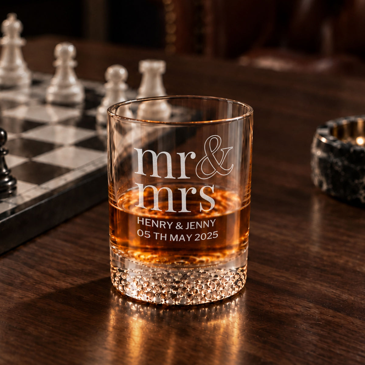 Personalised 300ml patterned-bottom Old Fashioned whisky glass engraved Mr and Mrs