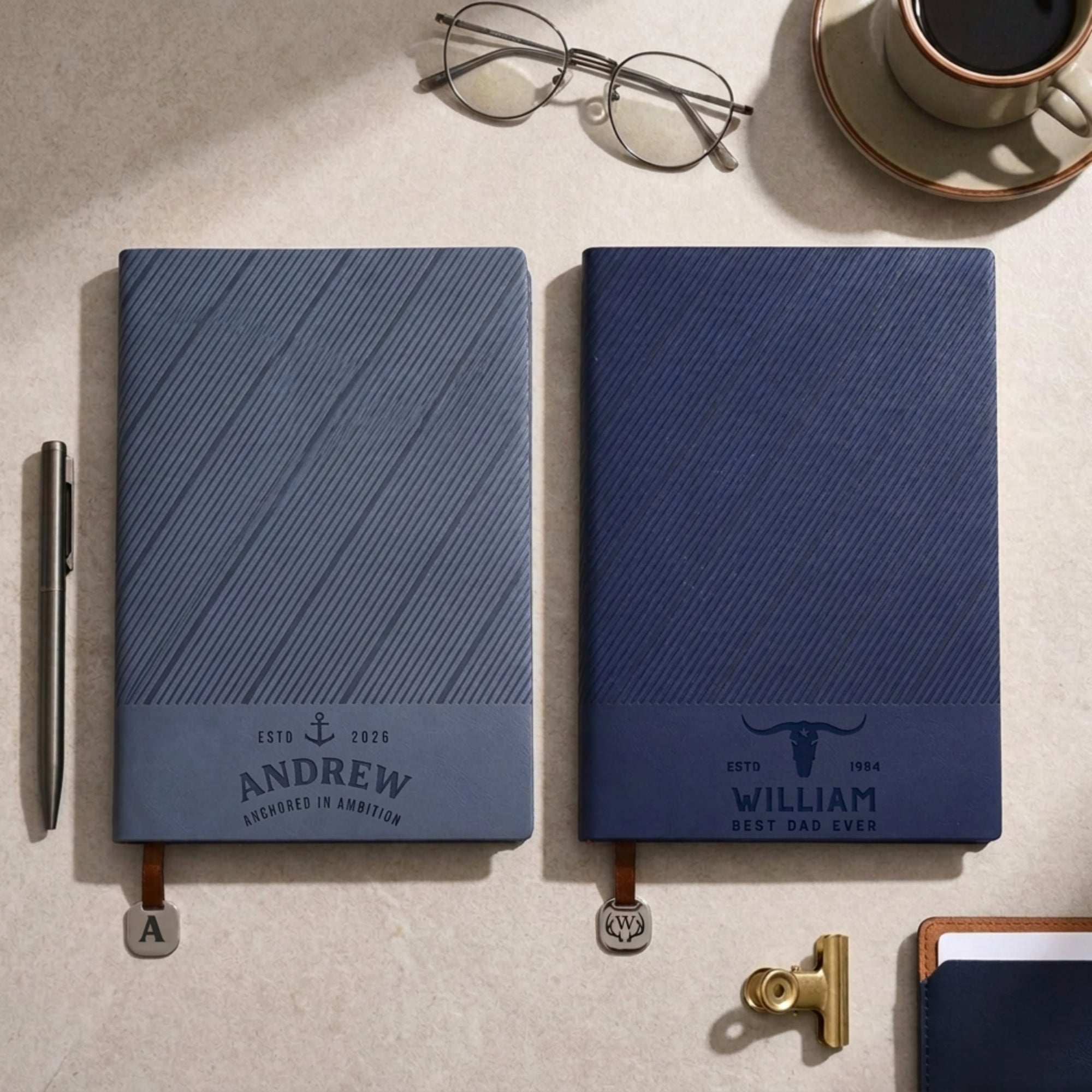 Personalised A5 notebook in navy and blue with bookmark charm