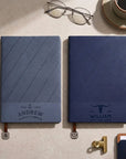 Personalised A5 notebook in navy and blue with bookmark charm