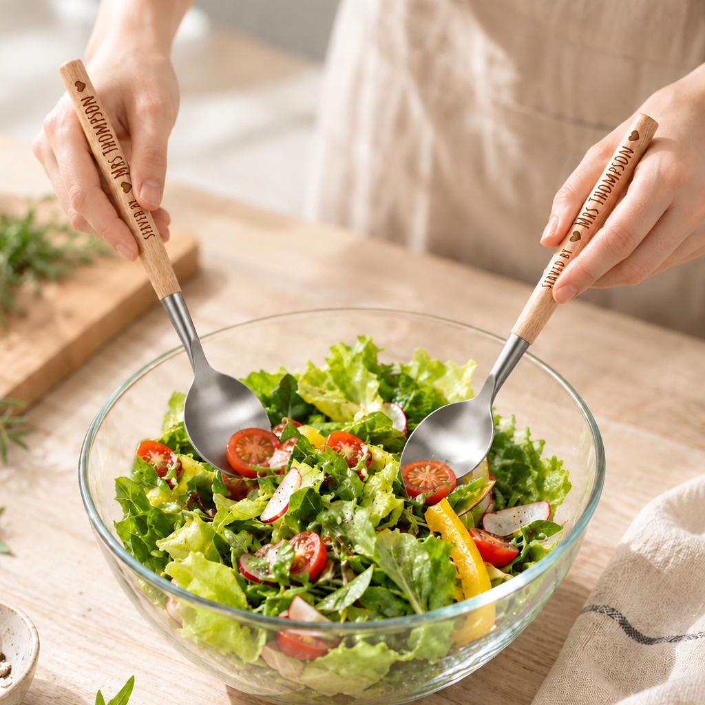 Personalised engraved acacia wood and silver salad servers tossing a salad