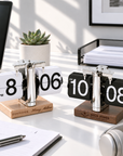 Personalised engraved auto-flip page-turning desk clock on a wooden base