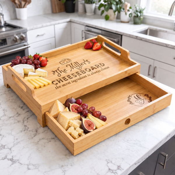 Personalised Engraved Bamboo Serving Tray & Pull Out Storage Drawer
