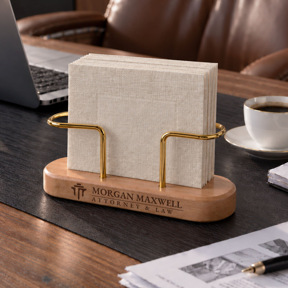 Personalised beech napkin holder with brass stand engraved with a business logo