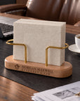 Personalised beech napkin holder with brass stand engraved with a business logo