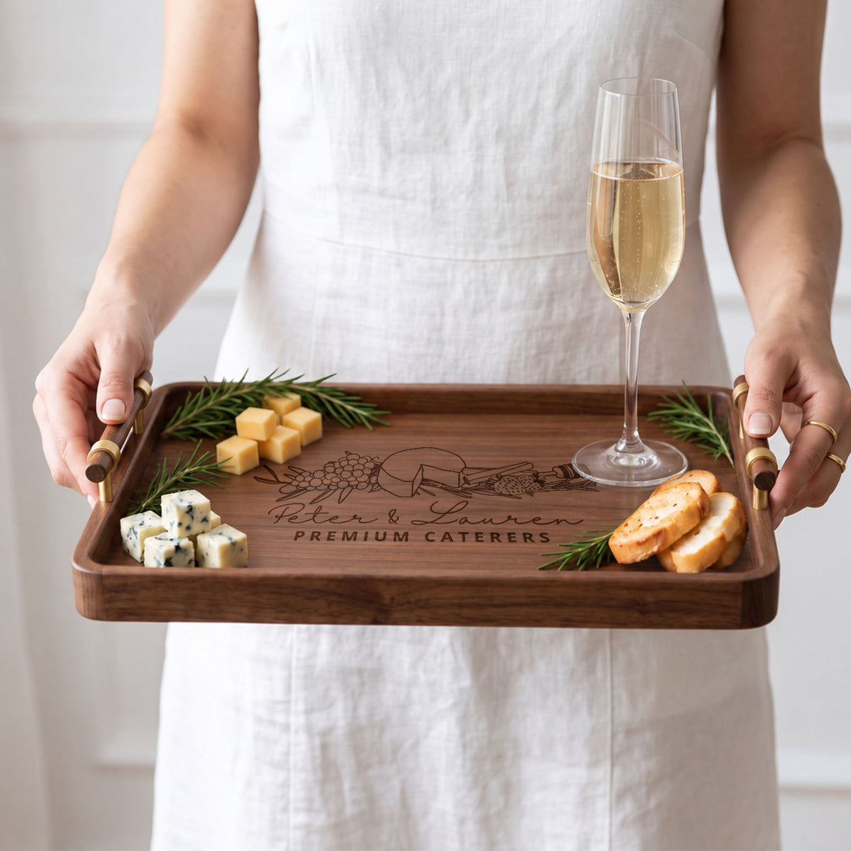 Personalised black walnut cheese and charcuterie serving tray with brass handles