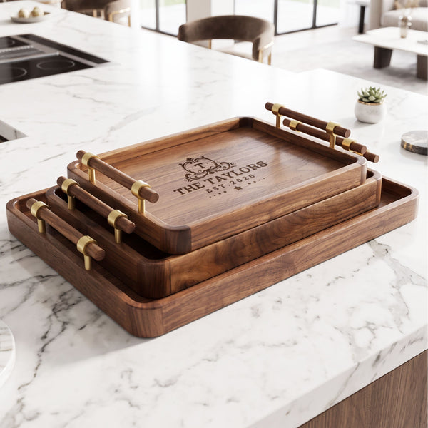 Personalised Engraved Walnut Serving Tray with Brass & Wood Handles