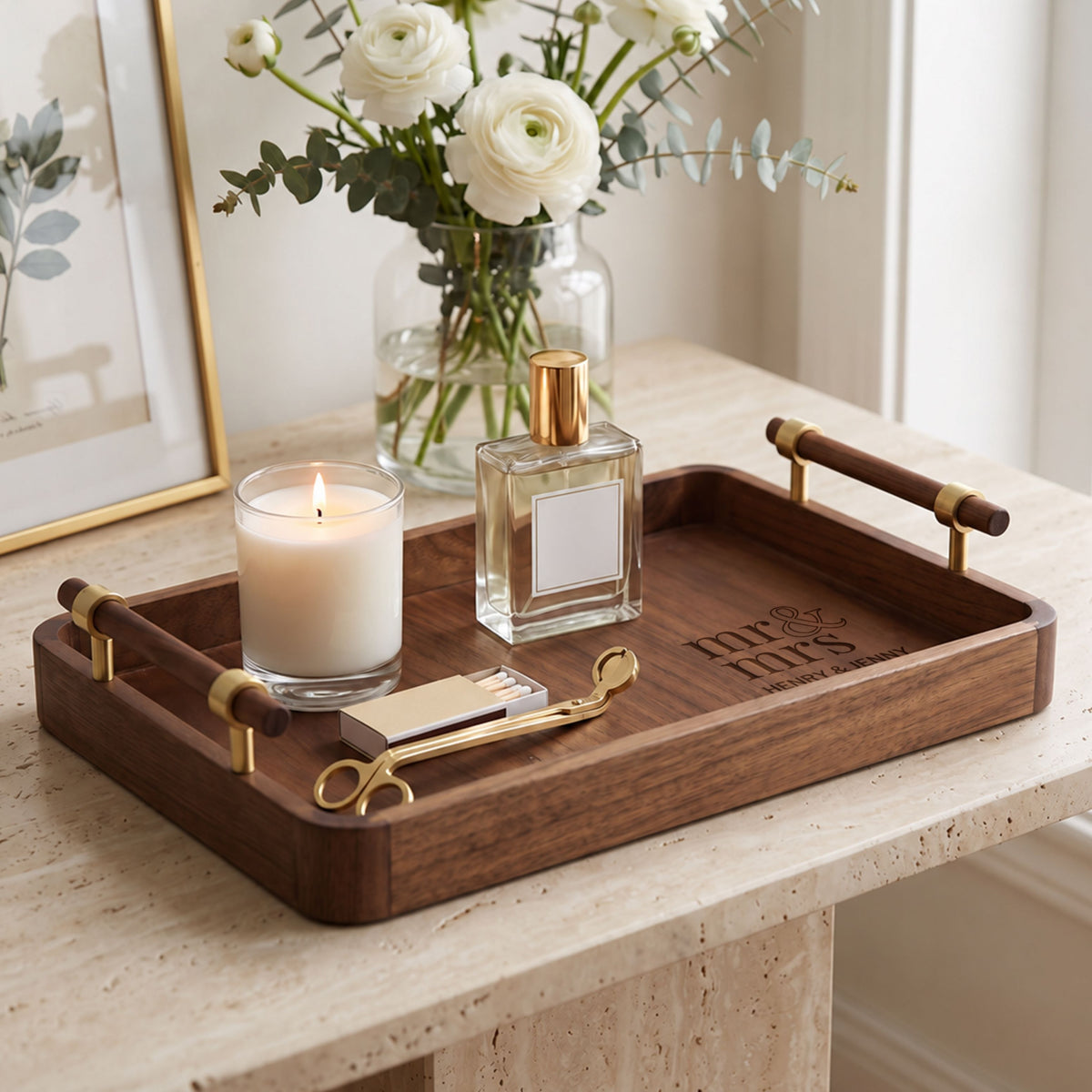 Personalised black walnut vanity tray with perfume and candle, engraved Mr and Mrs