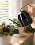 Personalised engraved black watering can with gold handle by a windowsill plant