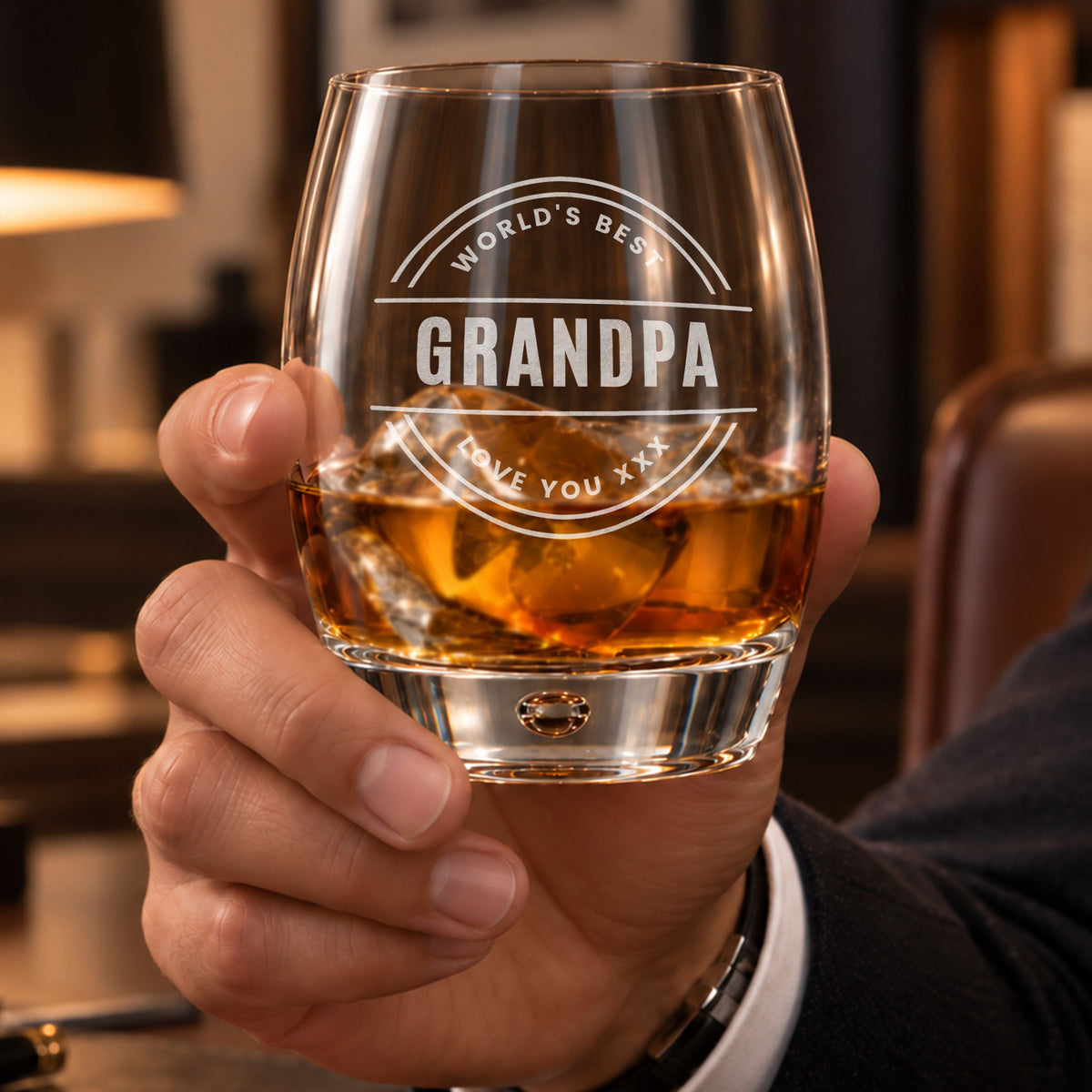 Personalised bubble tumbler whisky glass engraved World's Best Grandpa, held