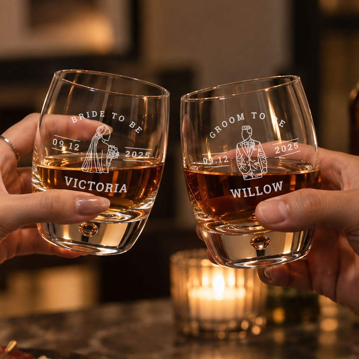 Pair of personalised bubble tumbler whisky glasses engraved for bride and groom to be
