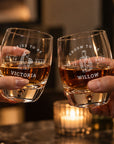 Pair of personalised bubble tumbler whisky glasses engraved for bride and groom to be
