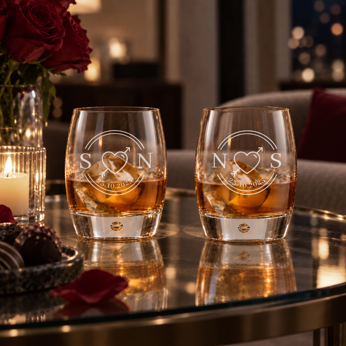 Two personalised bubble tumbler whisky glasses with monograms on a coffee table