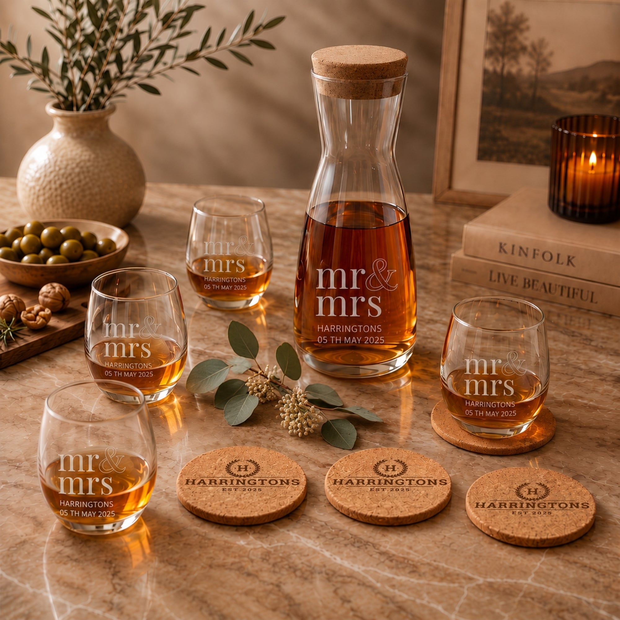Personalised carafe, glasses and cork coaster serving set