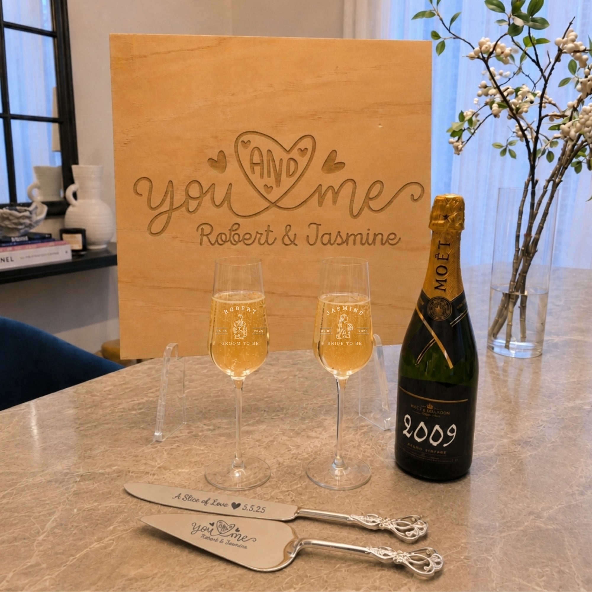 Personalised champagne flutes and cake set wedding gift