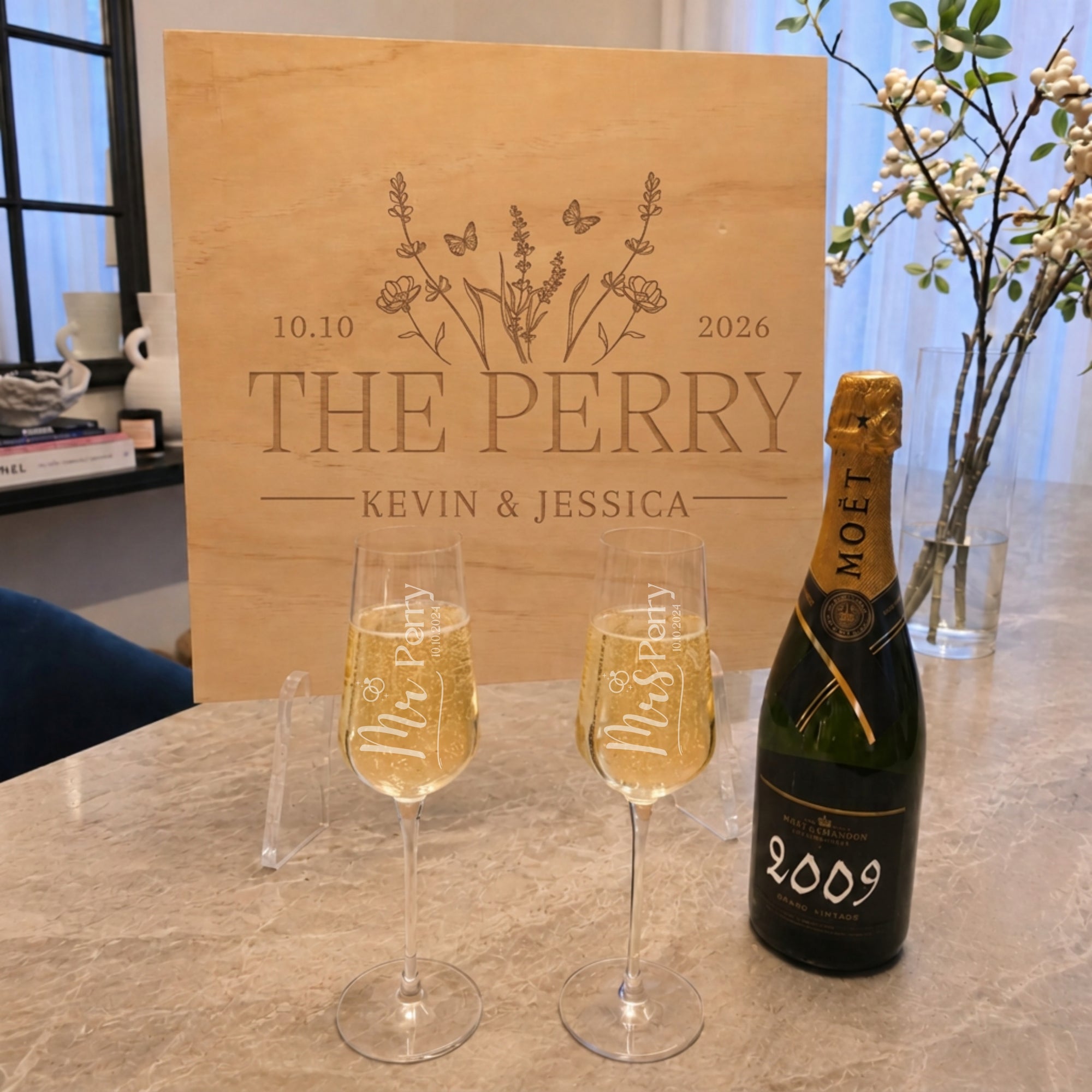 Personalised crystal champagne flutes in engraved wooden box