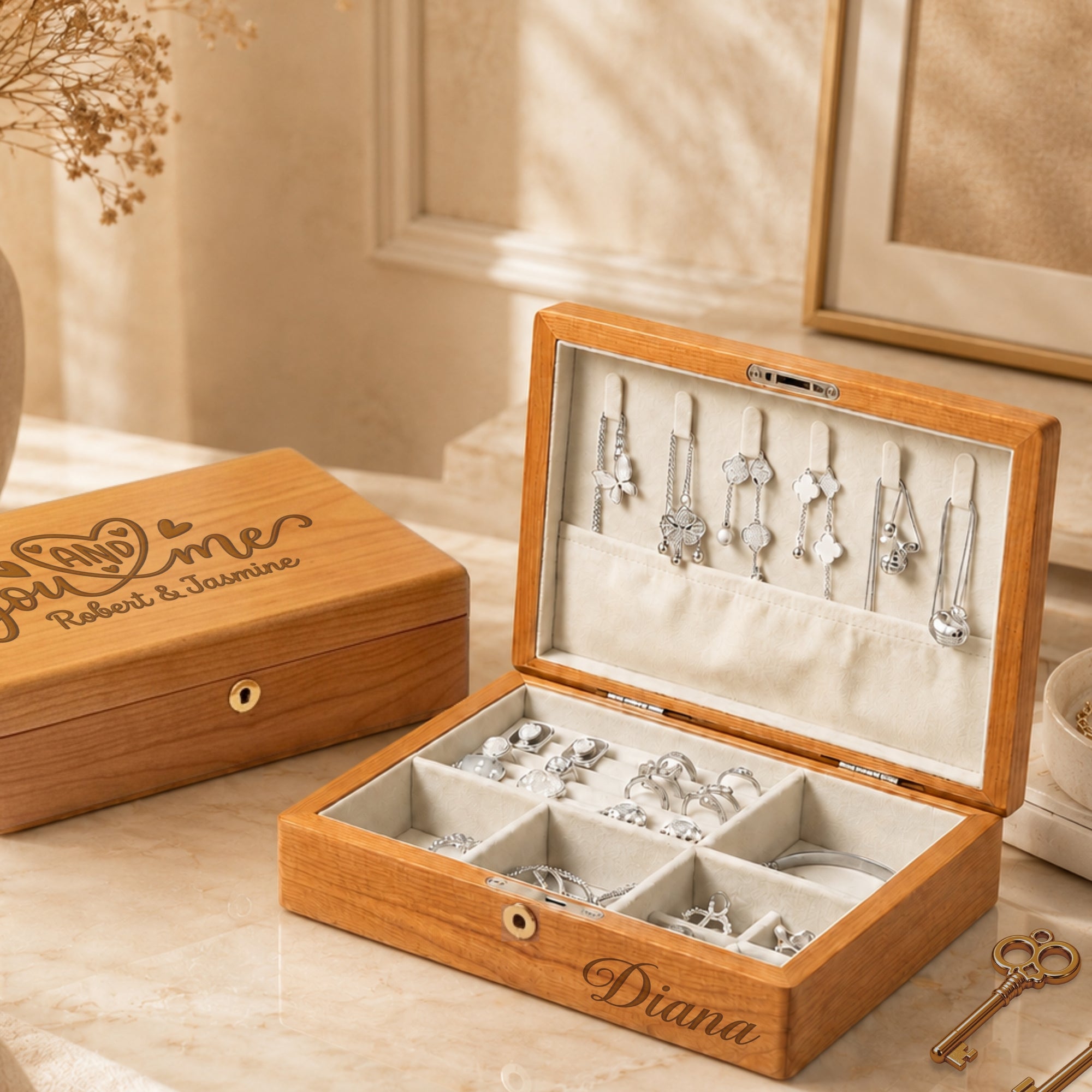 Personalised engraved cherry wood jewellery box open showing necklace hooks and velvet sections