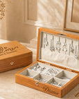 Personalised engraved cherry wood jewellery box open showing necklace hooks and velvet sections