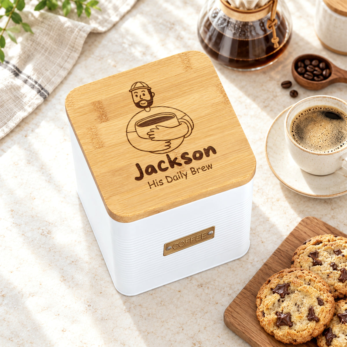 Personalised white steel coffee canister with a name engraved on the bamboo lid
